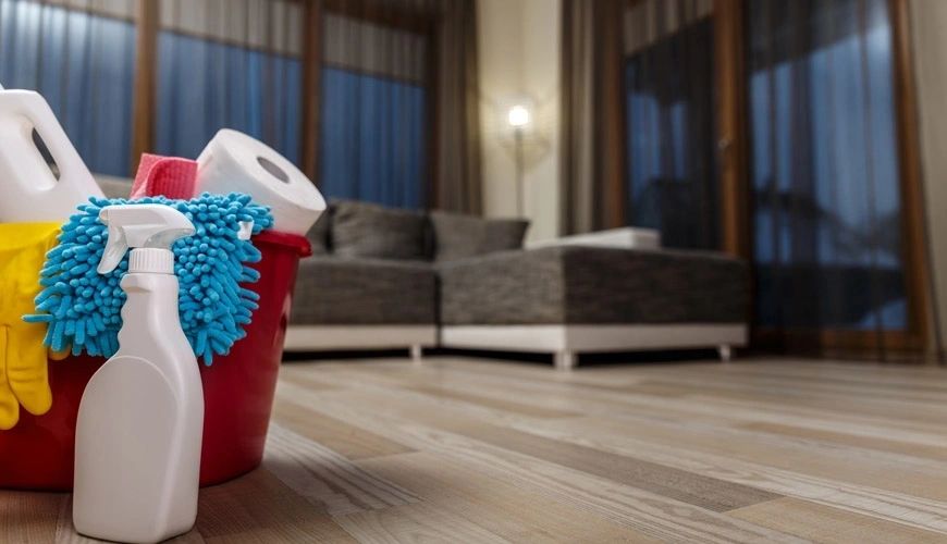 Cleaning supplies basket in modern living room
